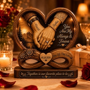 Könnte beinhalten: Eine herzförmige Holztafel mit zwei geschnitzten, sich haltenden Händen, graviert mit den Namen David und Sophia. Das Stück enthält den Text You Are My Always & Forever, 05.20.2026, One Life, One Love und Together is our favorite place to be.