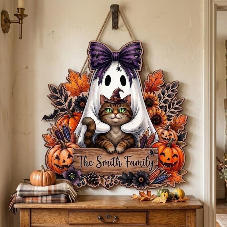 Personalized Halloween Cat Ghost Door Hanger, Custom Family Name Sign ...