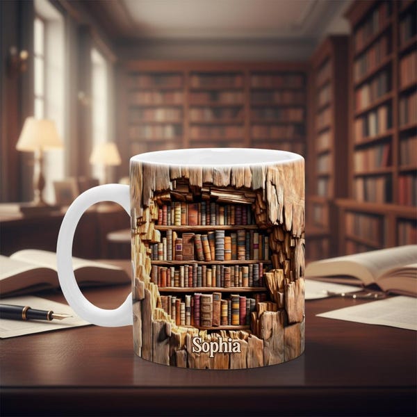 Personalized Bookshelf Coffee Mug, Book Lover Gift