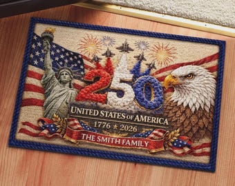 Felpudo patriótico personalizado del 250 aniversario de EE. UU., alfombra con águila y bandera estadounidense, nombre familiar personalizado 1776-2026, decoración para el hogar del 4 de julio.