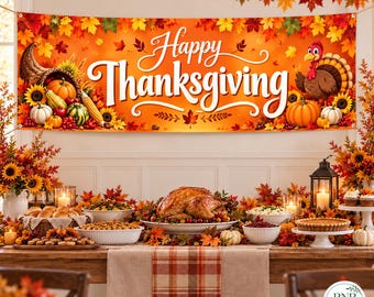 Happy Thanksgiving Banner, Turkey Pumpkin Fall Harvest Decor, Autumn Porch Banner, Thanksgiving Party Backdrop, Fall Outdoor Decoration