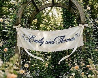 Gepersonaliseerde kant bruiloft welkomstbord, aangepaste linnen ceremonie banner, romantische tuin bruiloft receptie decor