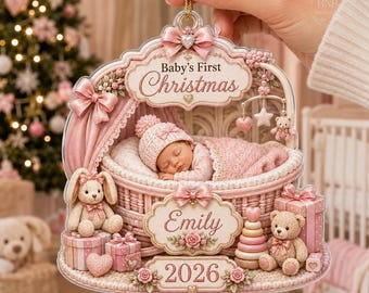 Personalized Baby’s First Christmas Ornament 2026, Custom Baby Name Acrylic Keepsake, Newborn Girl Boy Gift, Pink Blue Christmas Decor