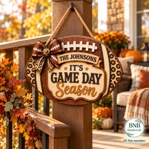 Personalized Football Door Sign, Custom Family Name Game Day Door Hanger, Football Season Fall Decor, Leopard Print Football Sign