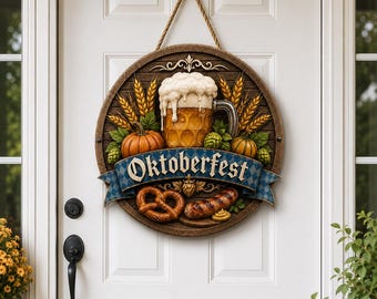 Oktoberfest Door Sign, German Beer Pretzel Decor, Fall Front Door Hanger, Bavarian Biergarten Sign, Beer Lover Gift