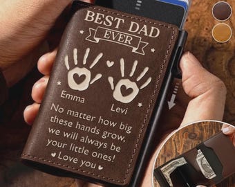 Portafoglio in pelle personalizzato per papà, regalo con impronta della mano incisa dai bambini, porta carte a scomparsa, regalo di compleanno per la festa del papà per il nonno