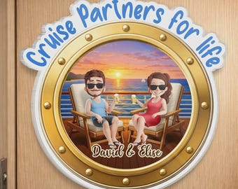 Imán personalizado para puerta de crucero con pareja de dibujos animados, retrato personalizado de pareja en la playa, regalo de vacaciones, linda decoración náutica para la puerta de la cabina.