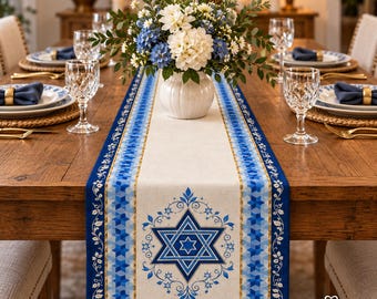 Hanukkah Table Runner, Star of David Jewish Table Decor, Blue White Chanukah Dining Runner, Shabbat Holiday Table Linen