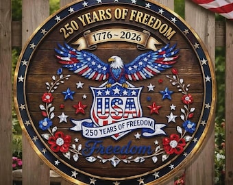 アメリカ建国250周年記念木製リース（パーソナライズ可能）、1776-2026愛国的なドアサイン、USAフリーダムイーグル玄関ドア装飾