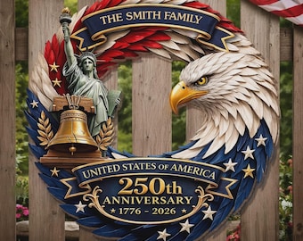 Personalized America 250th Anniversary Wood Wreath 1776-2026 Patriotic Door Sign Semiquincentennial Family Name Decor