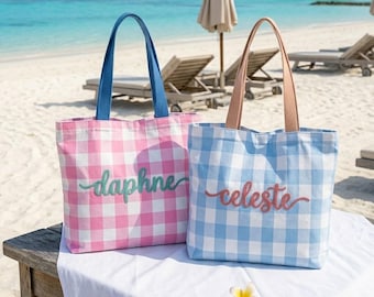 Bolso de playa de seersucker personalizado, bolso de vacaciones bordado a medida, bolso de crucero, bolso de piscina, regalo de viaje de verano
