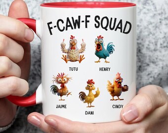パーソナライズされた面白いチキンマグ - カスタムネームスクワッドコーヒーカップ、同僚へのギフト、F-CAW-Fスクワッド