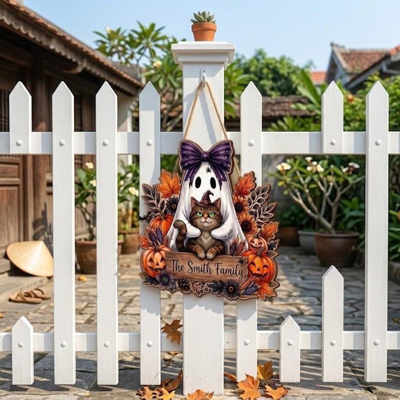 Personalized Halloween Cat Ghost Door Hanger, Custom Family Name Sign ...