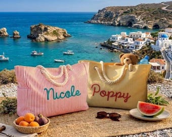 Custom Beach Bag with Zipper Personalized Striped Tote Bag Waterproof Pool Bag Summer Vacation Gift for Women