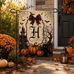 Halloween Monogram Garden Flag, Personalized Initial Pumpkin Banner, Gothic Haunted House Outdoor Yard Decor, Fall Porch Decoration