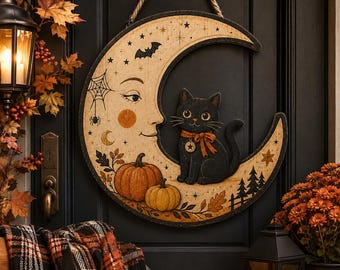 Halloween Black Cat Door Hanger, Crescent Moon Pumpkin Sign, Vintage Fall Front Door Decor, Gothic Cat Lover Gift, Autumn Porch