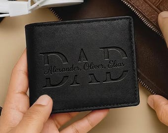 Portafoglio in pelle personalizzato per papà, portafoglio personalizzato con incisione dei nomi dei bambini, regalo per la festa del papà, regalo portafoglio da uomo