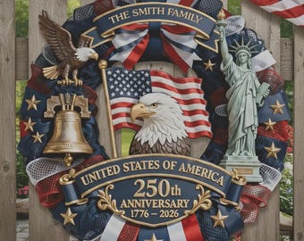 Corona personalizzata per il 250° anniversario degli Stati Uniti, 1776-2026, decorazione per semiquincentenario, porta patriottica del 4 luglio, nome della famiglia personalizzato