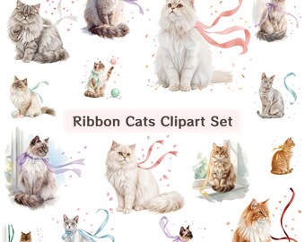 Aquarell Ribbon Katzen Clipart Bundle: 15 PNG Illustrationen (Digitaler Download)