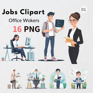 Peut inclure: Illustration numérique représentant des employés de bureau dans diverses situations. Le texte de l'image indique "Jobs Clipart", "Office Workers" et "16 PNG". Les illustrations montrent des personnes utilisant des ordinateurs, tenant des documents et travaillant à des bureaux.