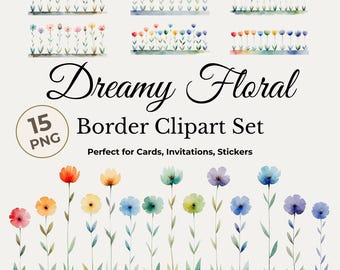 Dreamy Floral Border Clipart Set, Watercolor Flower Borders for Cards and Invitations