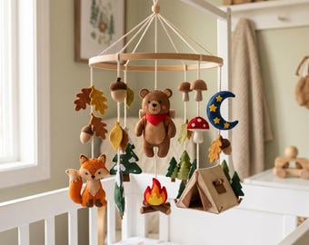 Personalized Camping Baby Mobile, Custom Woodland Animal Nursery Bedroom Decor, Felt Outdoor Adventure Campfire Crib Toy, Newborn Gift