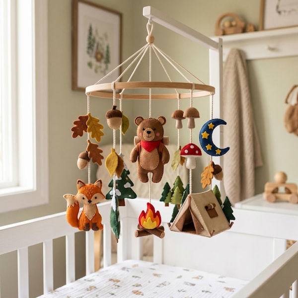 Personalized Camping Baby Mobile, Custom Woodland Animal Nursery Bedroom Decor, Felt Outdoor Adventure Campfire Crib Toy, Newborn Gift