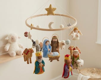 Móvil de cuna de la Natividad, decoración religiosa para la habitación del bebé, móvil de fieltro para cuna, escena de la Natividad cristiana, móvil personalizado para bebé, móvil de Jesús y María