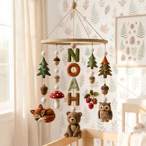 Personalized Woodland Baby Mobile, Forest Nursery Decor, Felt Baby Crib Mobile, Custom Name Mobile, Fox Owl Bear Mobile, Baby Shower Gift