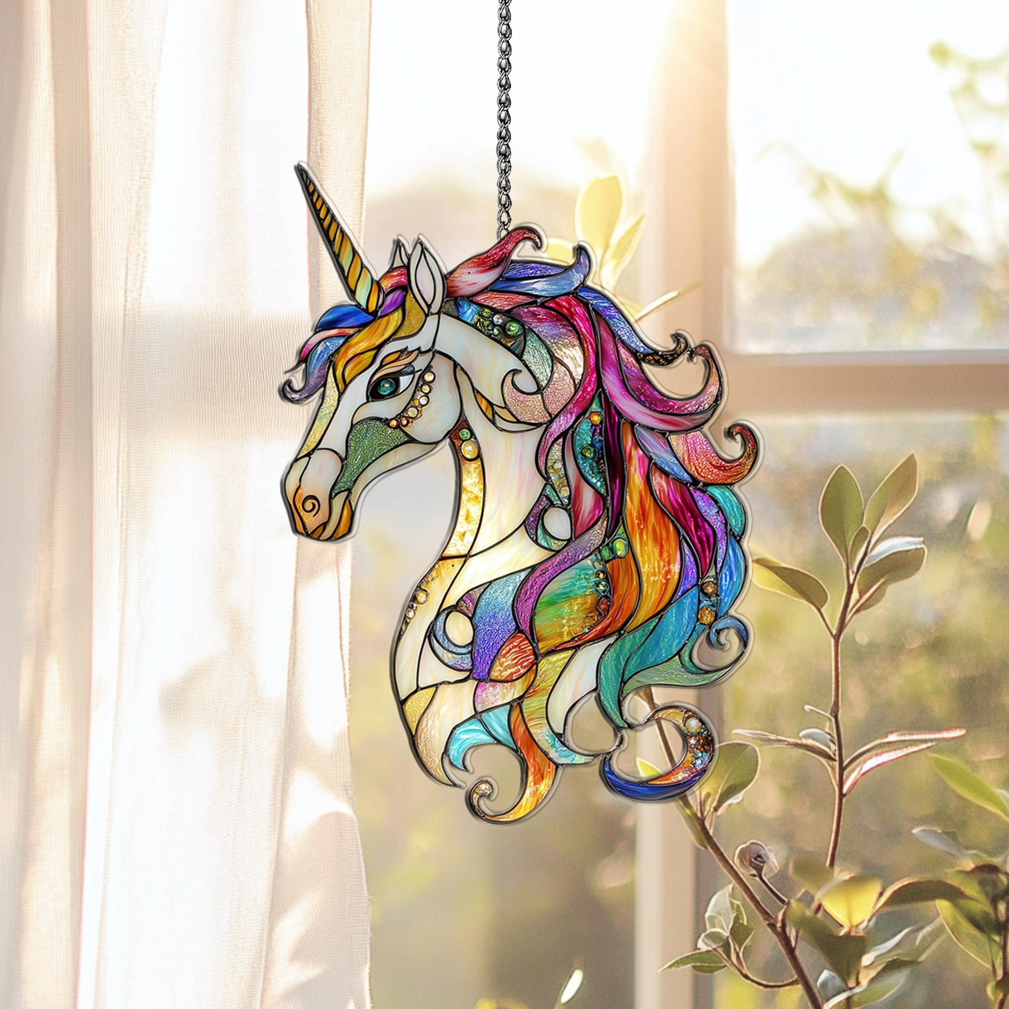 H ステンドグラス　壁掛けインテリア　アンティーク調　ヴィンテージ　ユニコーン Stain Glass Unicorn - Etsy