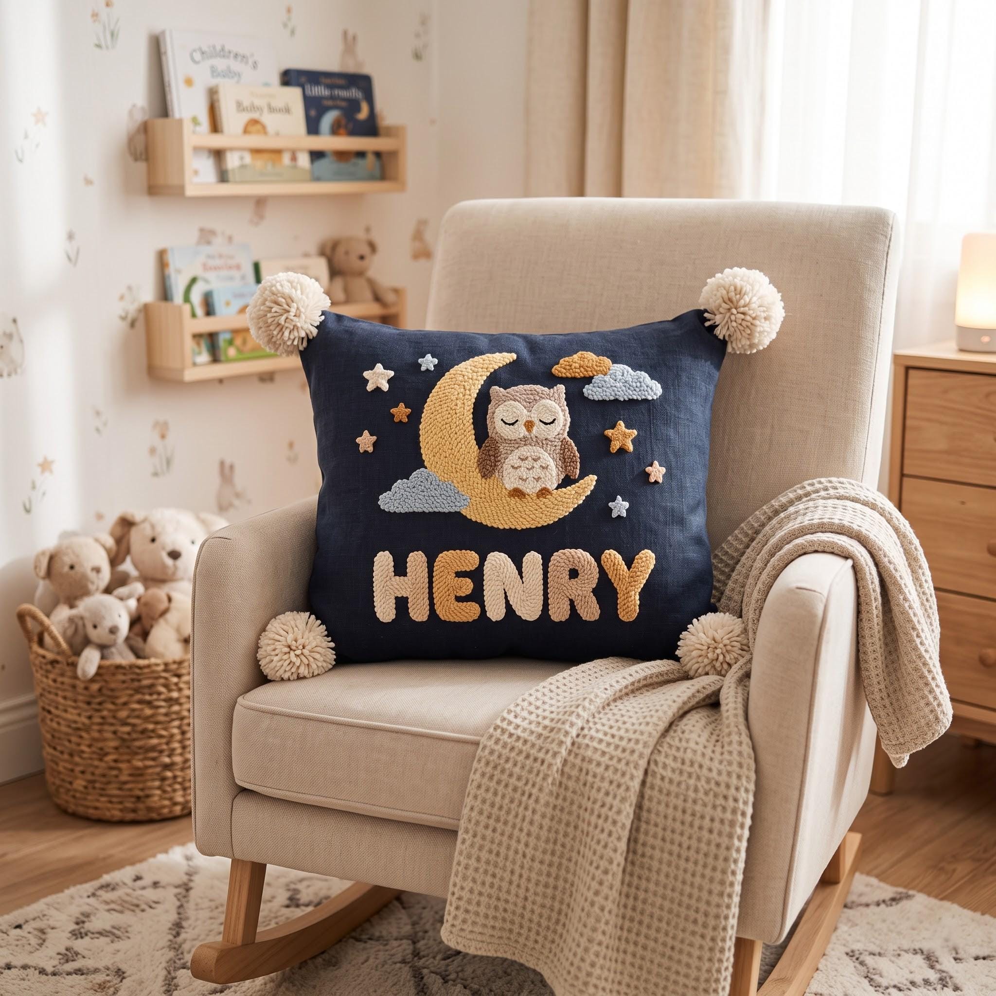 Custom Navy Blue Sleepy Owl Pom Pom Pillow, Personalized Punch Needle Moon and Stars Name Cushion, B