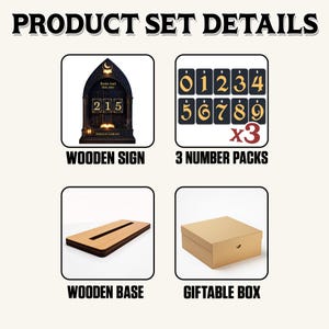 May include: Product set details image. Includes a wooden sign with the text "Books read this year" and the number "215". Also includes three number packs, a wooden base, and a giftable box.