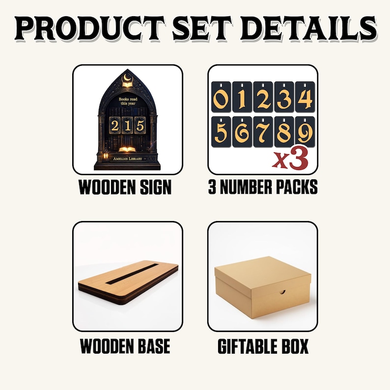May include: Product set details image. Includes a wooden sign with the text "Books read this year" and the number "215". Also includes three number packs, a wooden base, and a giftable box.
