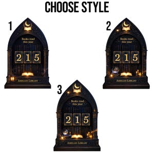 May include: Three dark-colored library-themed decor pieces with the text "CHOOSE STYLE" at the top. Each piece features a bookshelf design with the text "Books read this year" and the number "215". The text "AMELIA'S LIBRARY" is at the bottom.