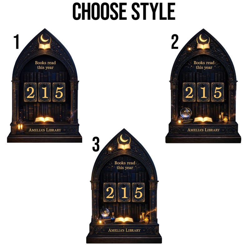 May include: Three dark-colored library-themed decor pieces with the text "CHOOSE STYLE" at the top. Each piece features a bookshelf design with the text "Books read this year" and the number "215". The text "AMELIA'S LIBRARY" is at the bottom.