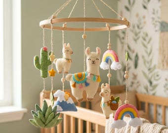 Personalisierte Lama Baby Mobile, benutzerdefinierte Alpaka Kaktus Kinderzimmer Schlafzimmer Dekor, Filz Wüste Regenbogen Krippe Mobile, Sukkulenten Neugeborenen Geschenk Dusche