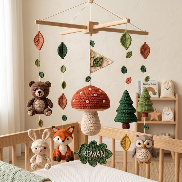 Personalized Woodland Baby Mobile, Crochet Forest Friends Crib Decor, Bear Fox Owl Mushroom Theme