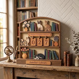 May include: A wooden bookshelf-style perpetual calendar featuring carved cats, potted flowers, and miniature books. The top shelf displays two cats, while the middle shelf shows the text Amelia's Literary Odyssey and the number 027. The base reads Amelia's Library.