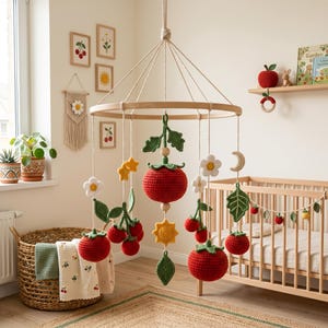Personalized Crochet Tomato Baby Mobile, Custom Cherry Nursery Decor, Knitted Fruit Vegetable Crib Mobile, Garden Berry Newborn Gift Shower