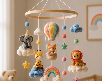 Giostrina per neonati all'uncinetto con animali della savana e mongolfiera, decorazione per culla a tema giungla arcobaleno, regalo per la cameretta con leone, elefante, giraffa e tigre.
