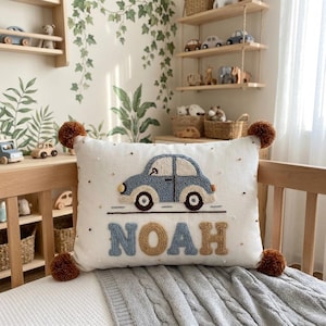 Custom Vintage Car Name Cushion, Personalized Punch Needle Nursery Decor Pillow, Retro Transportation Theme Kids Room Initial Gift Idea