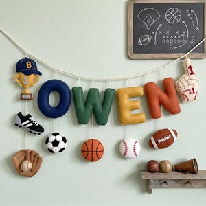 Custom Sports Name Banner, Personalized Kids Room Garland, Felt Nursery Decoration Boy, Soccer Baseball Football Sign, Baby Shower Gift