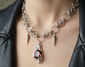 Seize - Claw Sterling Silver Pendant with Garnet & Chainmail Necklace, Gothic Wax Carved