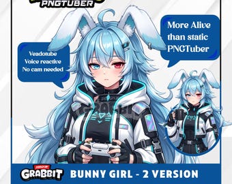 Cyber Bunny Girl PNGTuber Modell | Blauhaarkaninchen vtuber model | Futuristisches Gamer Girl PNGTuber , 2 Versionen | Veadotube MiniAvatar