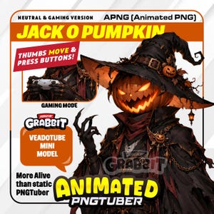 May include: An animated Jack O Pumpkin character wearing a black witch hat and dark cloak, featuring glowing orange eyes and mouth. The graphic includes text labels such as Jack O Pumpkin, Gaming Mode, and Animated PNGTuber, showcasing a digital avatar.