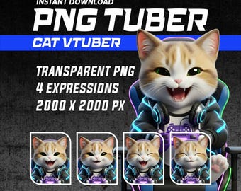PNGTuber Cat Gamer / 4 Emozioni / Avatar Vtuber di gatto maschio / Modello PNG tuber predefinito / Download immediato con sfondo trasparente