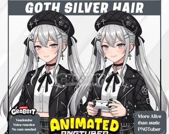 Animiertes Gothic-Mädchen (PNGTuber) | Anime-VTuber mit silbernen Haaren | Gothic-Lolita-Avatar | Animiertes PNG für Veadotube – 2 Versionen