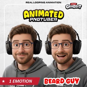 May include: Animated PNGTuber graphic showing a man with glasses, a beard, and headphones. The image includes the text "ANIMATED PNGTUBER" and "BEARD GUY". The graphic shows two versions of the man with different facial expressions.