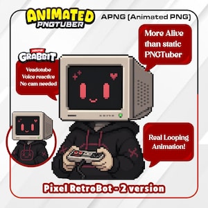 May include: Animated PNGTuber graphic featuring a pixelated robot with a computer monitor head. The robot is wearing a black hoodie and holding a game controller. Text includes "Animated PNGTuber", "Pixel RetroBot-2 version", and "Real Looping Animation!"