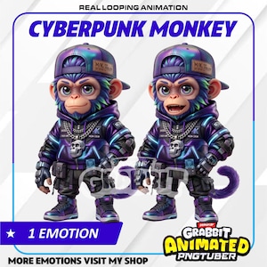 May include: Two animated figures of a monkey wearing a purple and blue cyberpunk outfit, a backwards cap, and a skull pendant. The image includes the text "CYBERPUNK MONKEY", "1 EMOTION", and "MORE EMOTIONS VISIT MY SHOP". The figures are labeled "GRABBIT ANIMATED PNGTUBER".